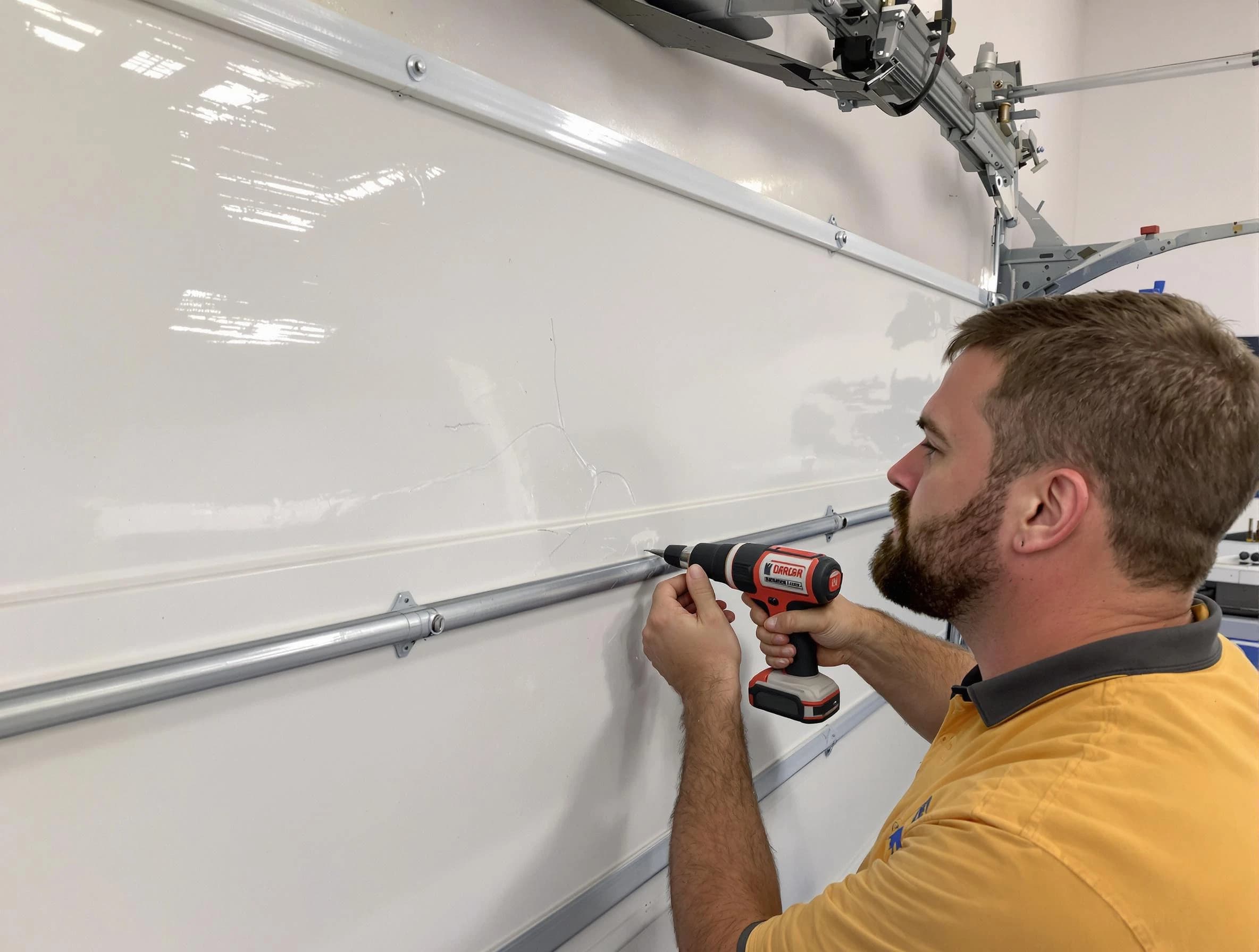 Troy Garage Door Repair expert performing dent repair on garage door in Troy