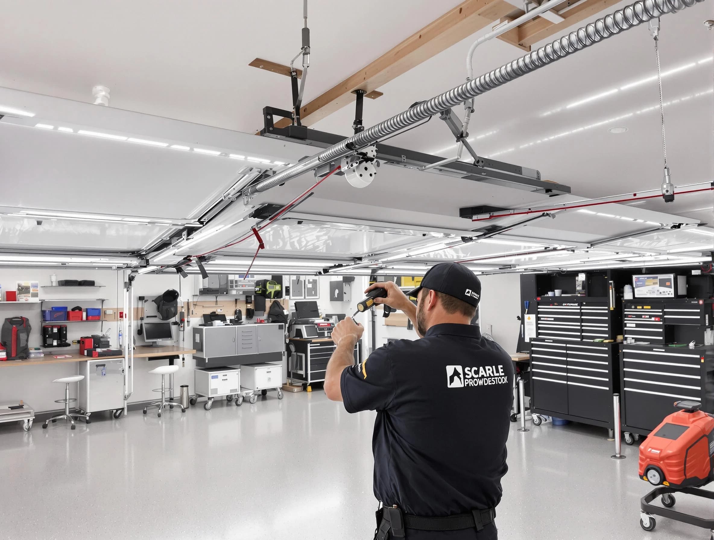 Troy Garage Door Repair technician repairing overhead garage door in Troy
