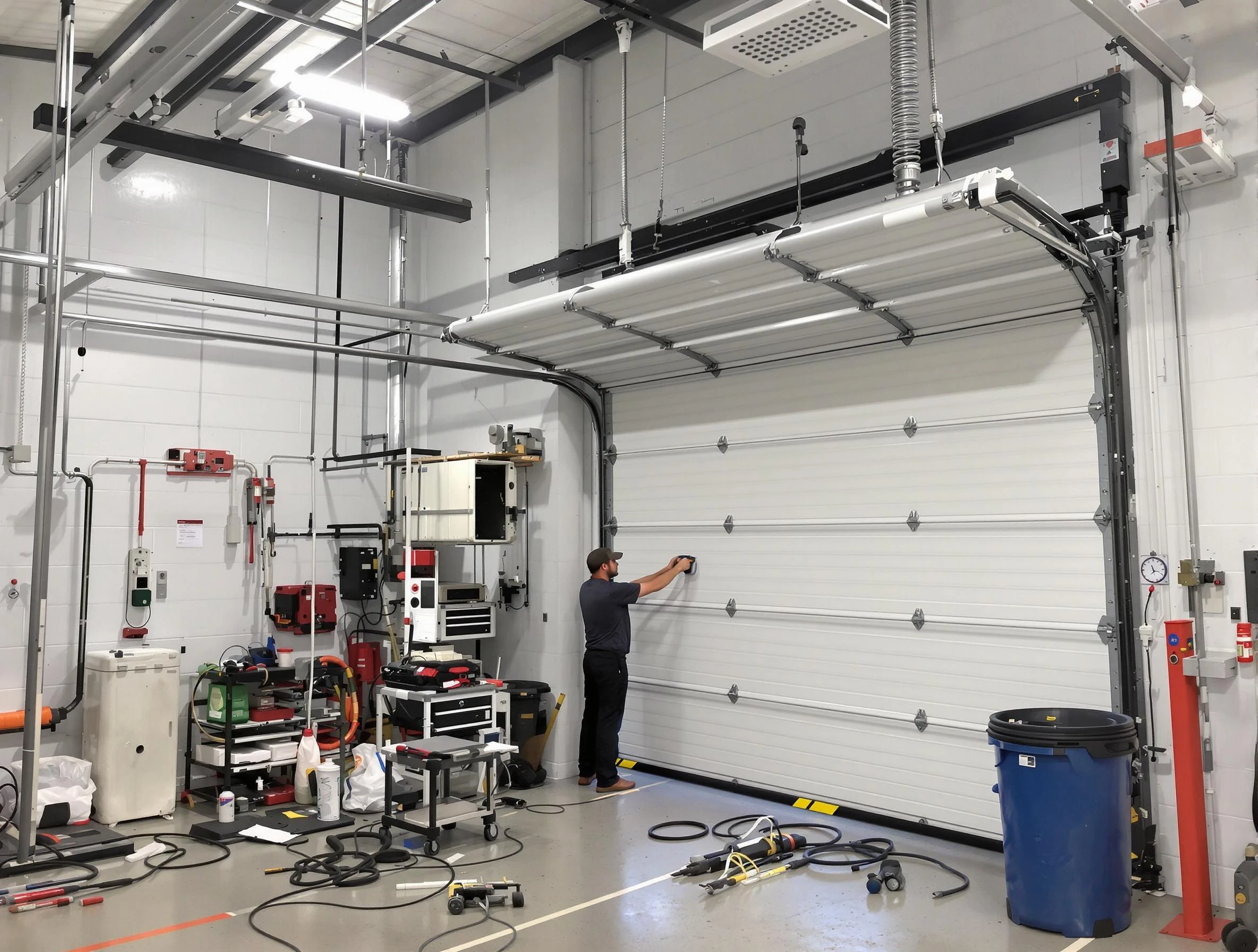 Troy Garage Door Repair certified technician performing commercial door repair at a Troy business facility
