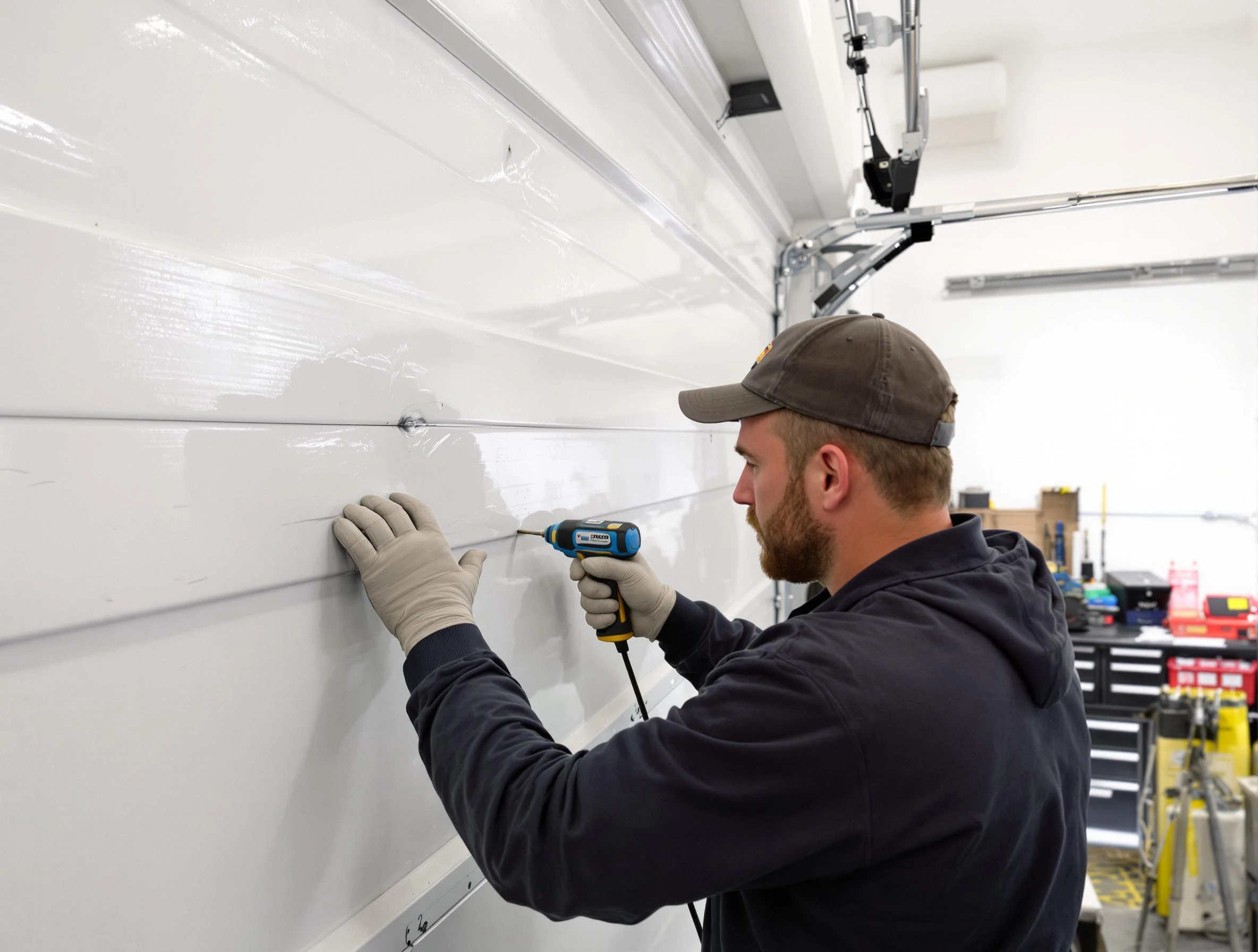 Troy Garage Door Repair technician demonstrating precision dent removal techniques on a Troy garage door