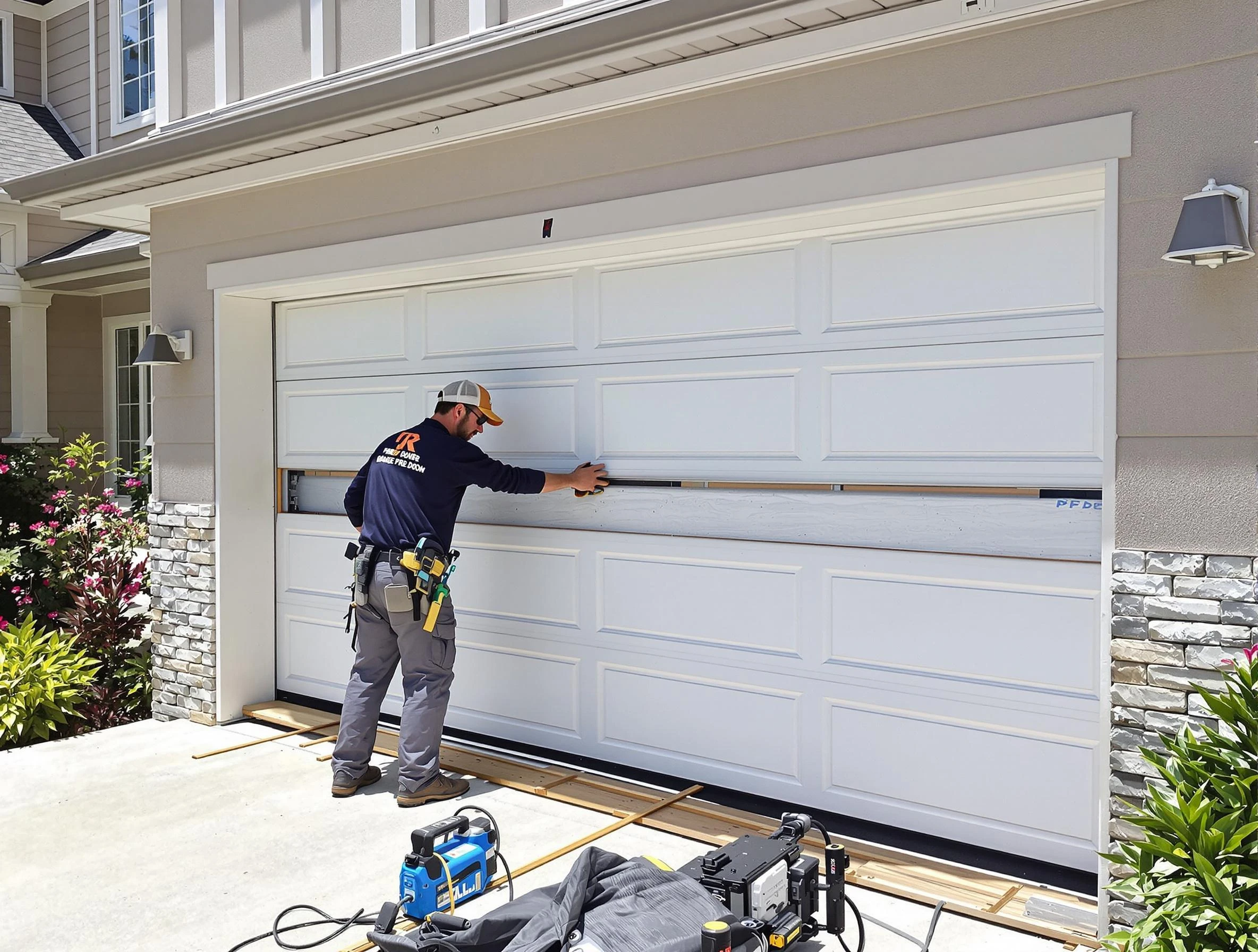 Troy Garage Door Repair team performing complete garage door replacement at Troy residence