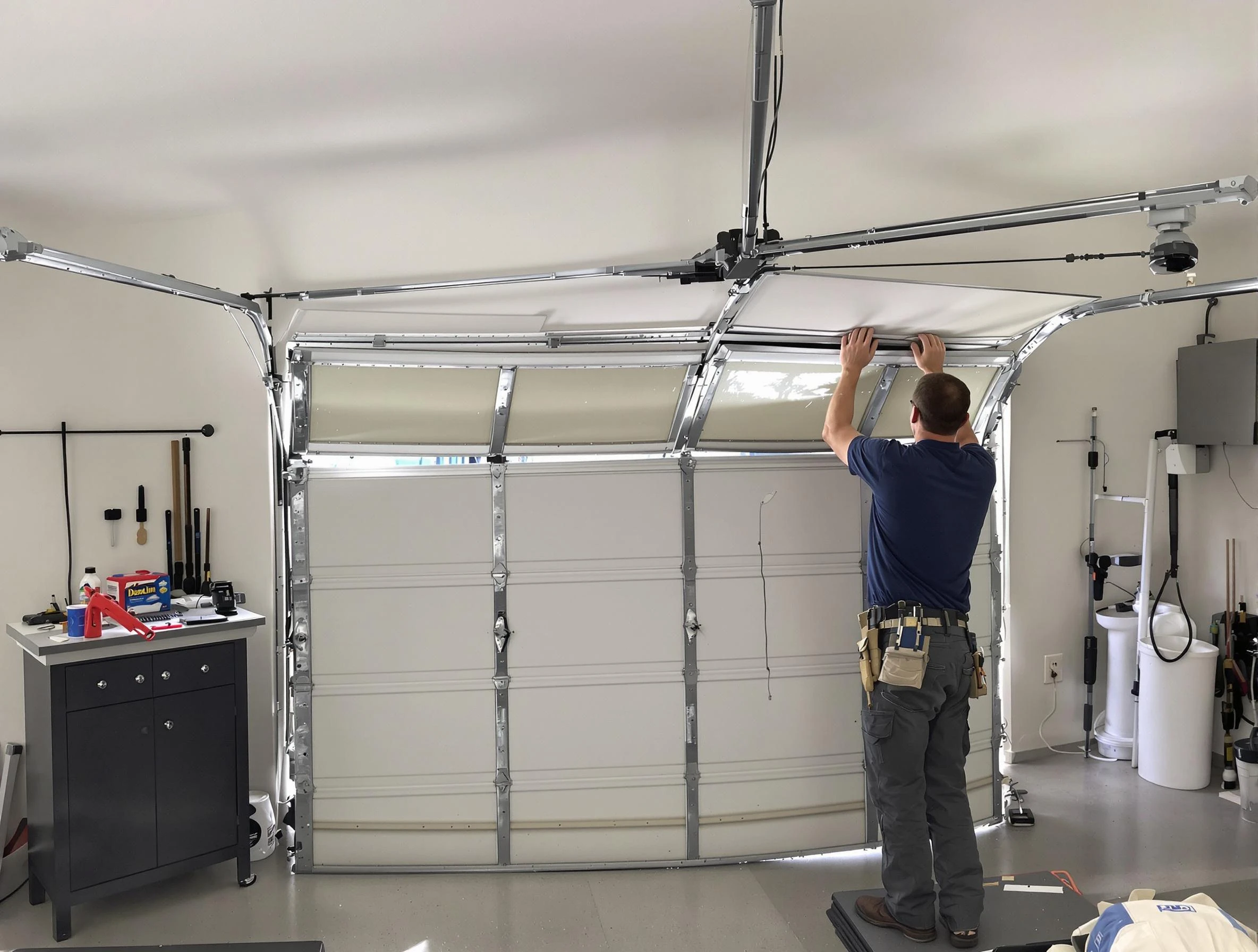 Troy Garage Door Repair specialist performing precise section replacement on Troy garage door