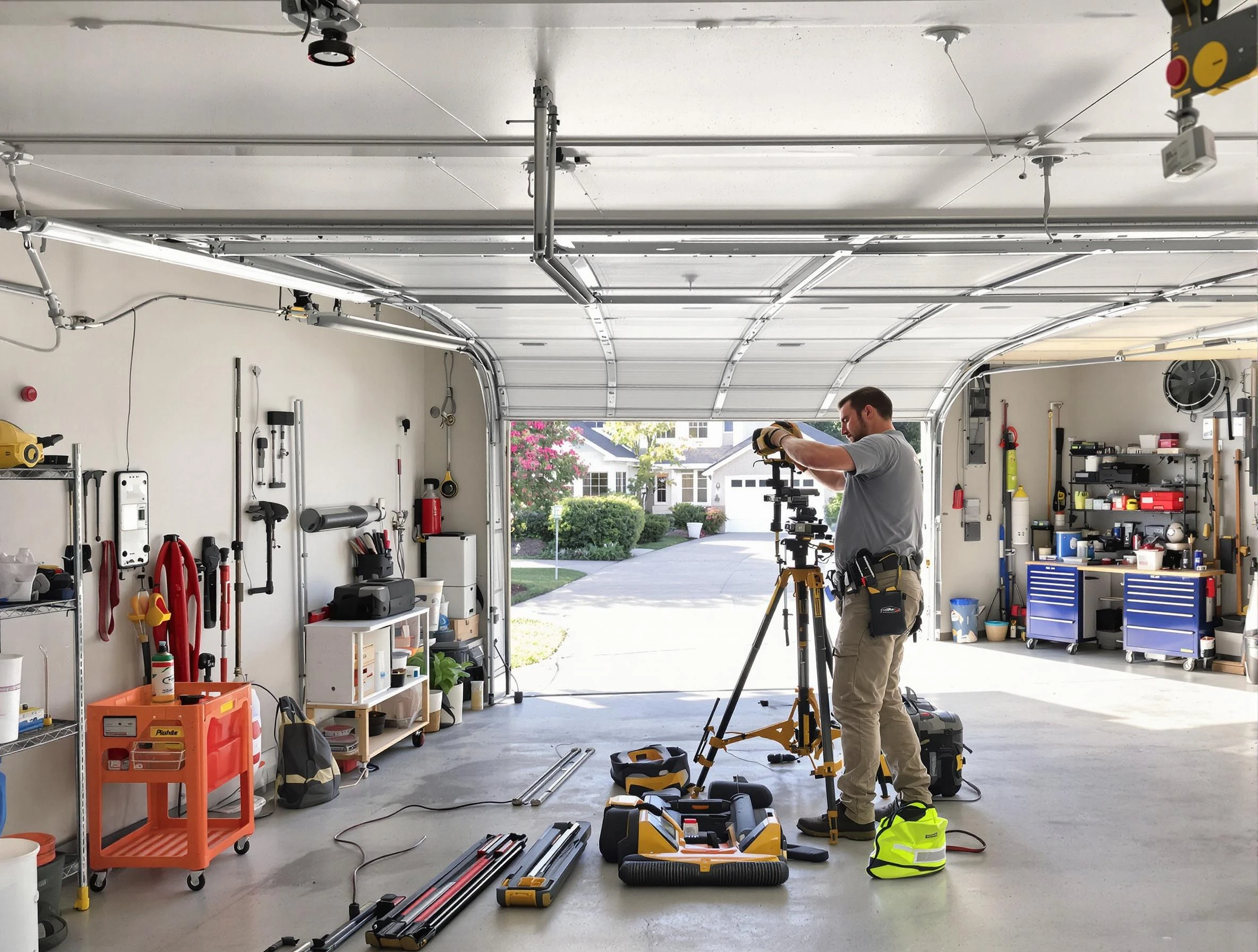 Troy Garage Door Repair specialist performing laser-guided track alignment in Troy
